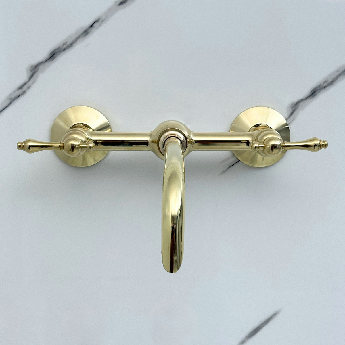 10" Ball-Center unlacquered brass wall faucet, 8" spread with lever handles – alternate view 3