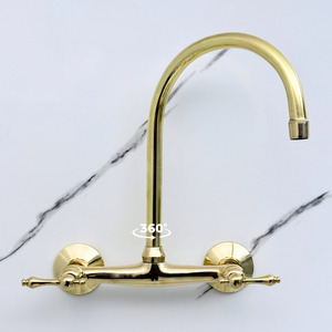 Unlacquered brass wall faucet, 11.5" high, 8" spread with lever handles – alternate view 3