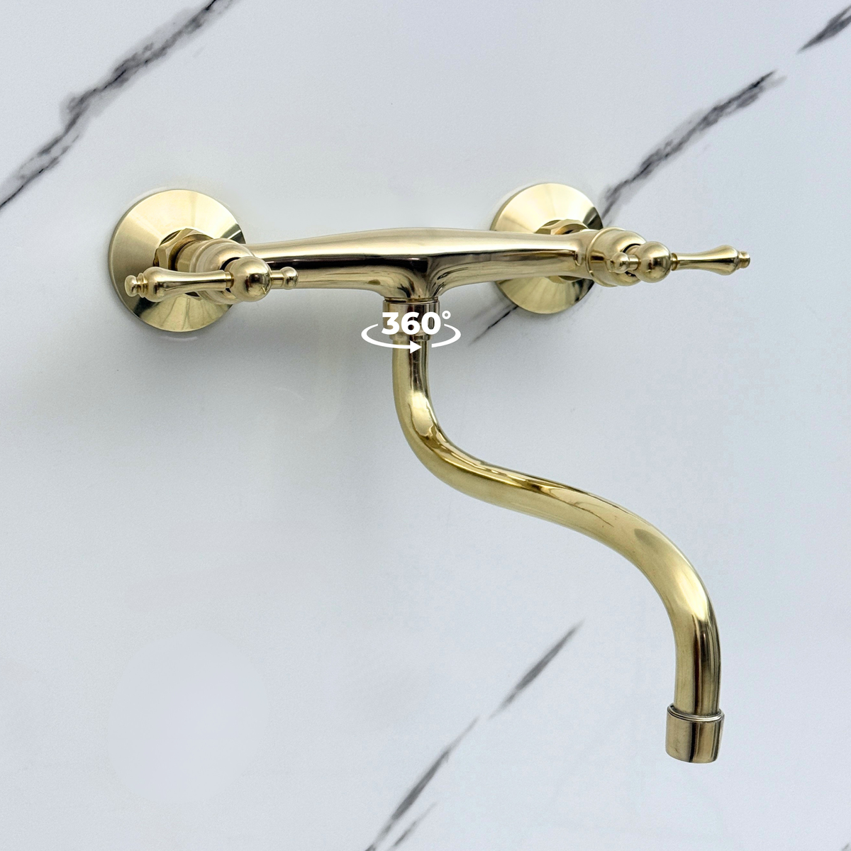 Unlacquered brass wall faucet, 10" reach, 7" drop with lever handles – alternate view 3