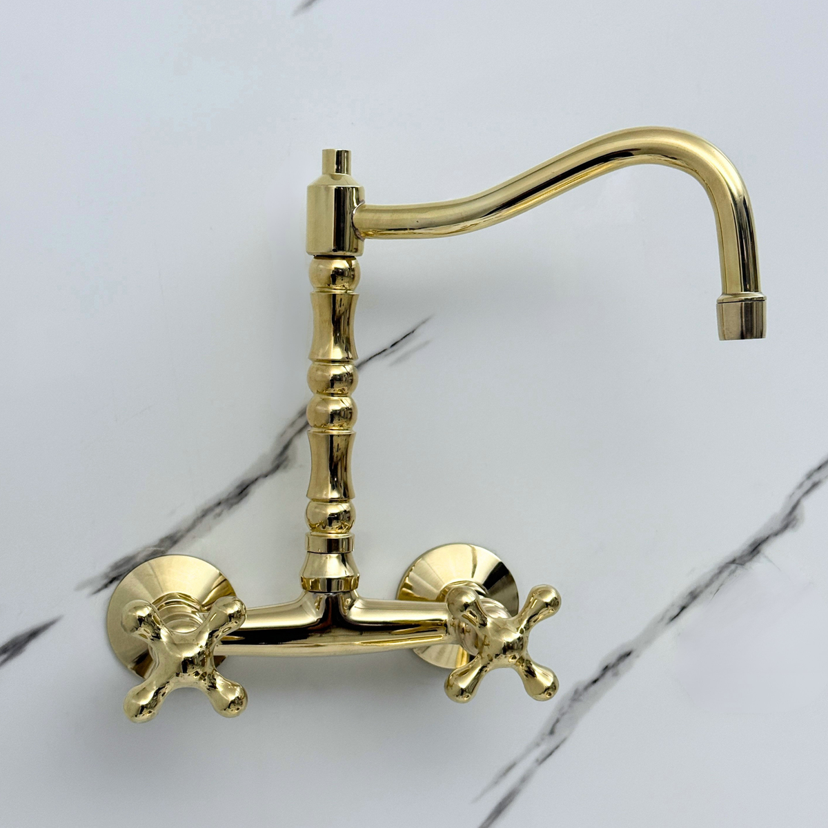 Unlacquered brass wall faucet, 10.25" high, 6" spread with cross handles – alternate view 4