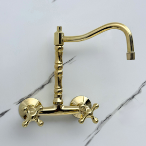 Unlacquered brass wall faucet, 10.25" high, 6" spread with cross handles – alternate view 4