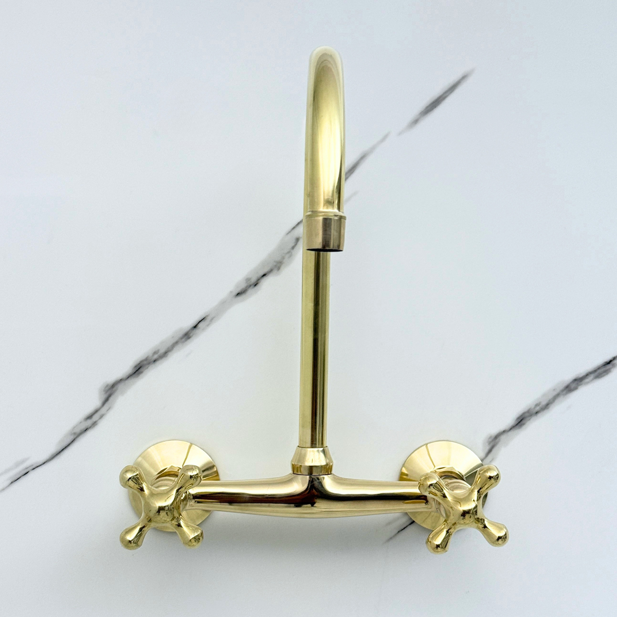 Unlacquered brass wall faucet, 11.5" high, 8" spread with cross handles – alternate view 3