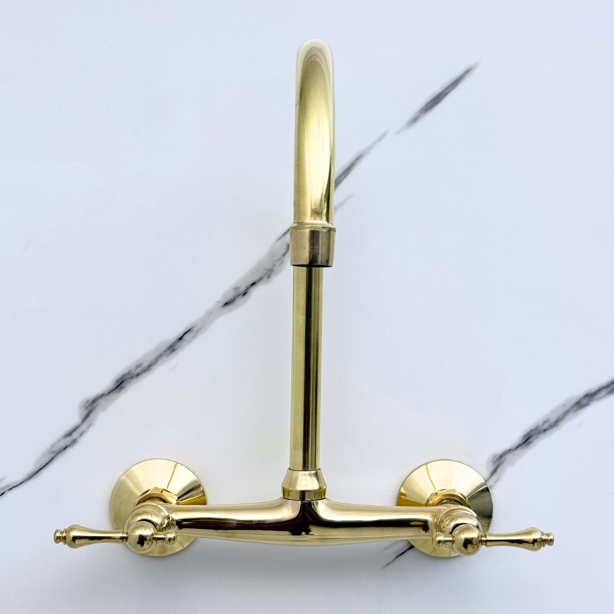Unlacquered brass wall faucet, 11.5" high, 8" spread with lever handles – alternate view 4