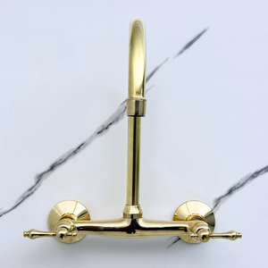 Unlacquered brass wall faucet, 11.5" high, 8" spread with lever handles – alternate view 4