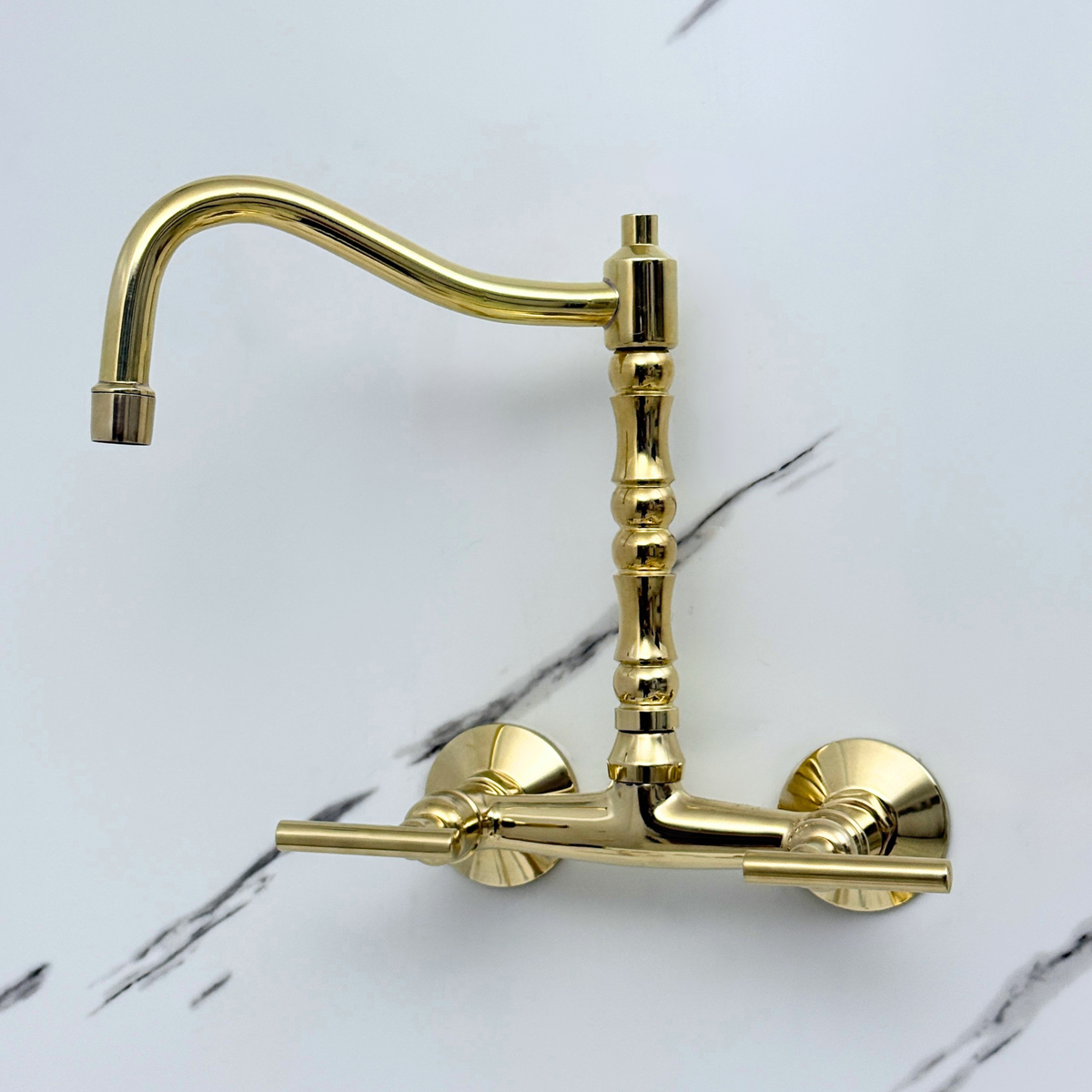 Unlacquered brass wall faucet, 10.25" high, 6" spread with lever handles – alternate view 6