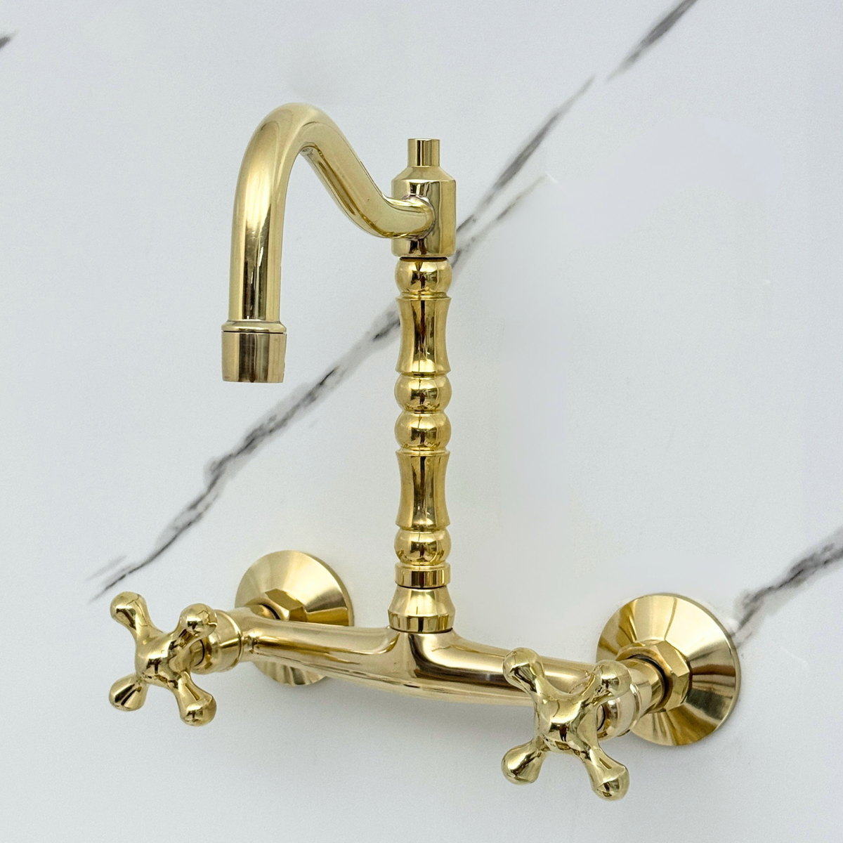 Unlacquered brass wall faucet, 10.25" high, 8" spread with cross handles – alternate view 5