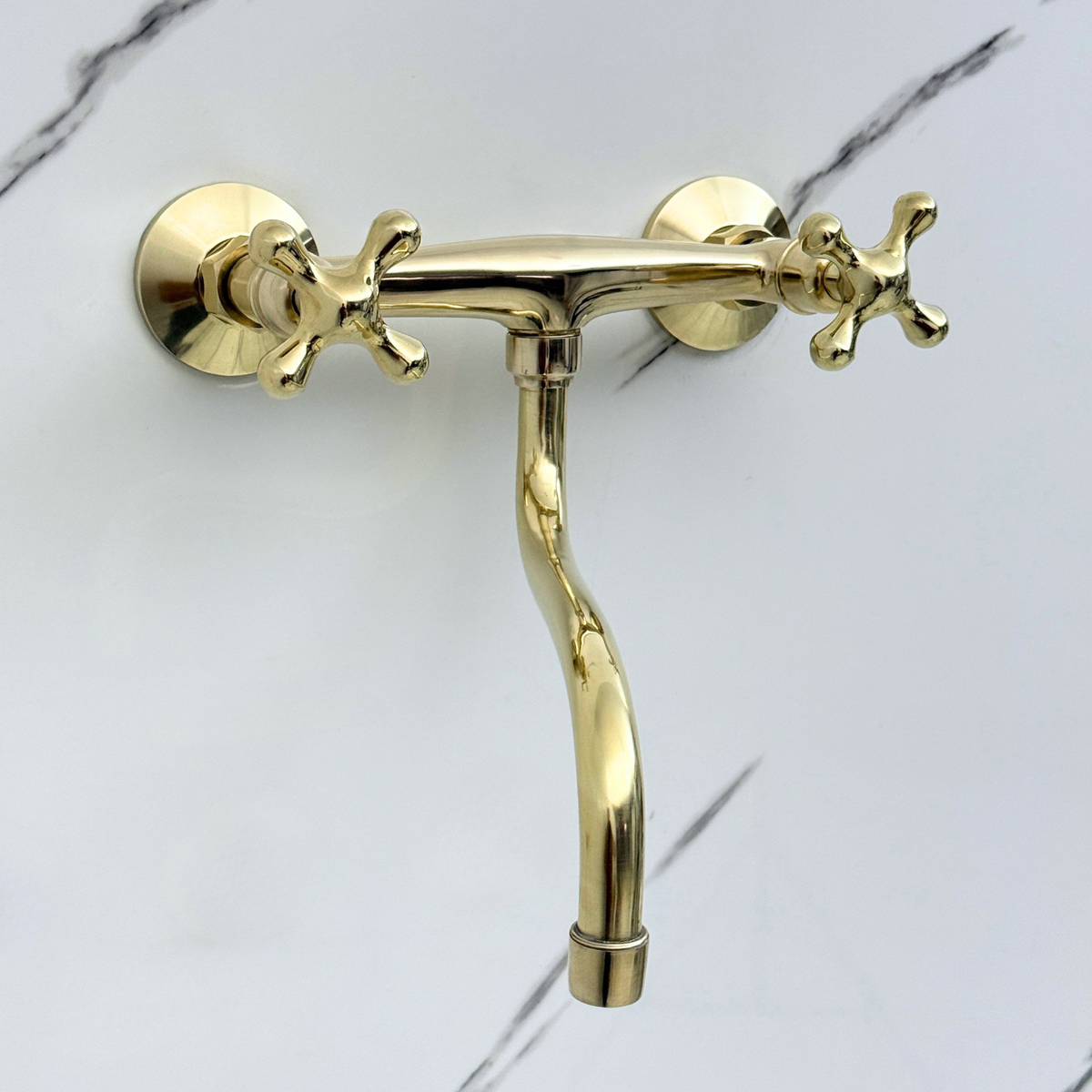 Unlacquered brass wall faucet, 10" reach, 7" drop with cross handles – alternate view 4