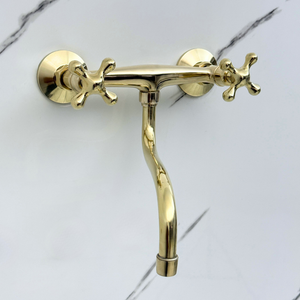Unlacquered brass wall faucet, 10" reach, 7" drop with cross handles – alternate view 4