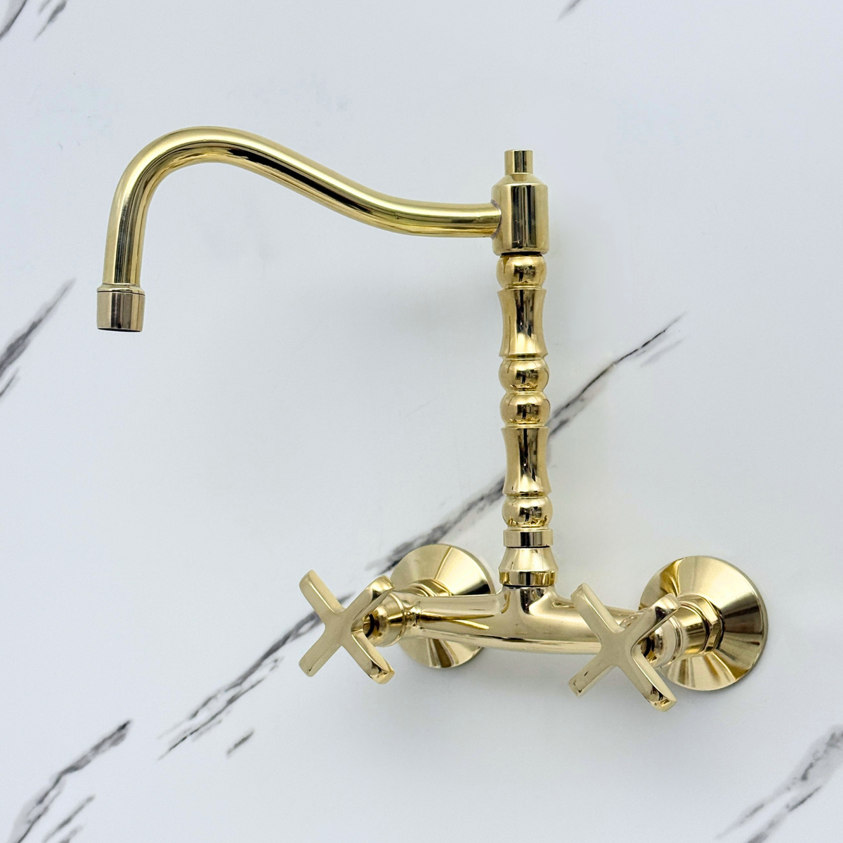 Unlacquered brass wall faucet, 10.25" high, 6" spread with cross handles – alternate view 6