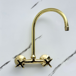 Unlacquered brass wall faucet, 11.5" high, 6" spread with cross handles – alternate view 6