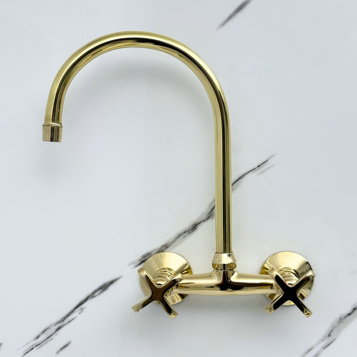 Unlacquered brass wall faucet, 11.5" high, 6" spread with cross handles – alternate view 7