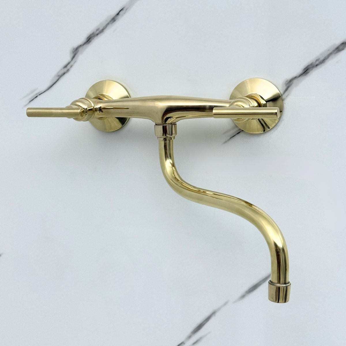 Unlacquered brass wall faucet, 10" reach, 7" drop with lever handles – alternate view 7