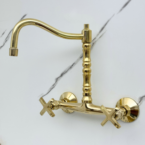 Unlacquered brass wall faucet, 10.25" high, 8" spread with cross handles – alternate view 8