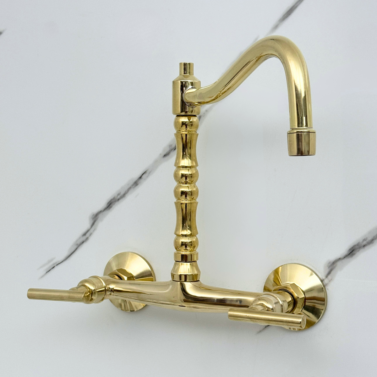 Unlacquered brass wall faucet, 10.25" high, 8" spread with lever handles – alternate view 7