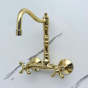 Unlacquered brass wall faucet, 10.25" high, 6" spread with cross handles – alternate view 2