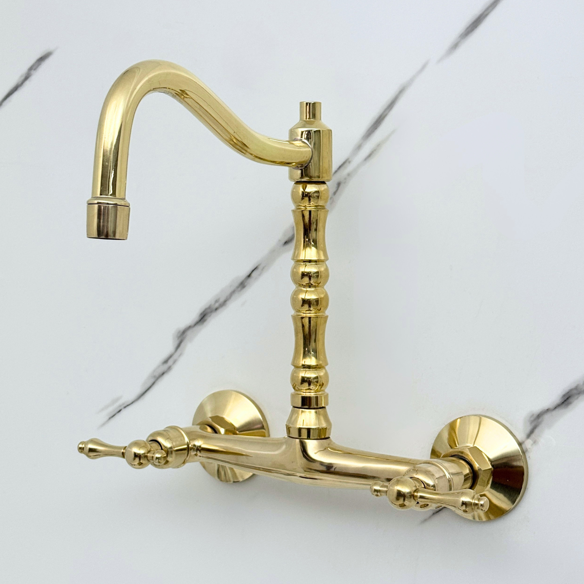 Unlacquered brass wall faucet, 10.25" high, 8" spread with lever handles – alternate view 3