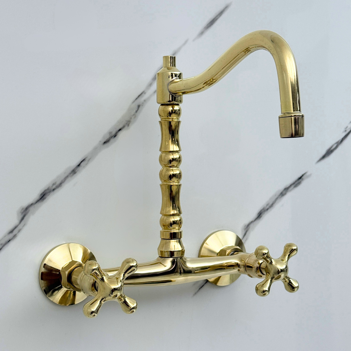 Unlacquered brass wall faucet, 10.25" high, 8" spread with cross handles – alternate view 2