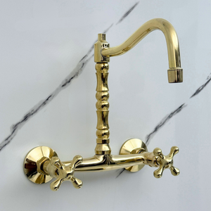 Unlacquered brass wall faucet, 10.25" high, 8" spread with cross handles – alternate view 2
