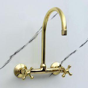Unlacquered brass wall faucet, 11.5" high, 8" spread with cross handles – alternate view 2