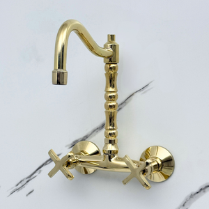 Unlacquered brass wall faucet, 10.25" high, 6" spread with cross handles – alternate view 5
