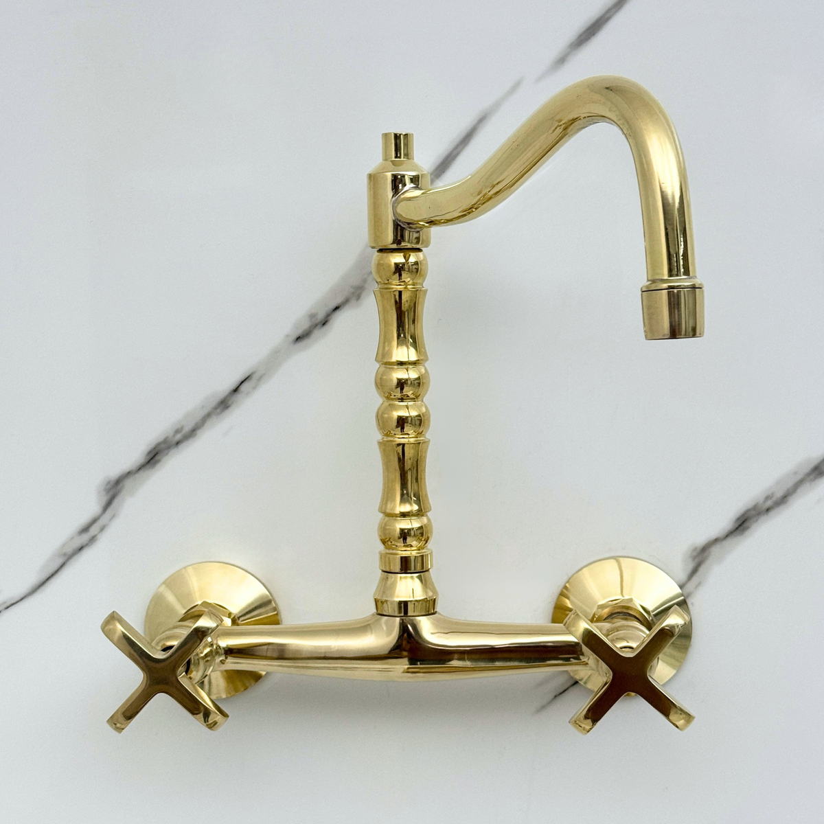 Unlacquered brass wall faucet, 10.25" high, 8" spread with cross handles – alternate view 6