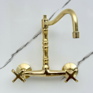 Unlacquered brass wall faucet, 10.25" high, 8" spread with cross handles – alternate view 6
