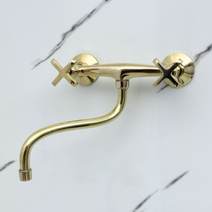 Unlacquered brass wall faucet, 10" reach, 7" drop with cross handles – alternate view 5