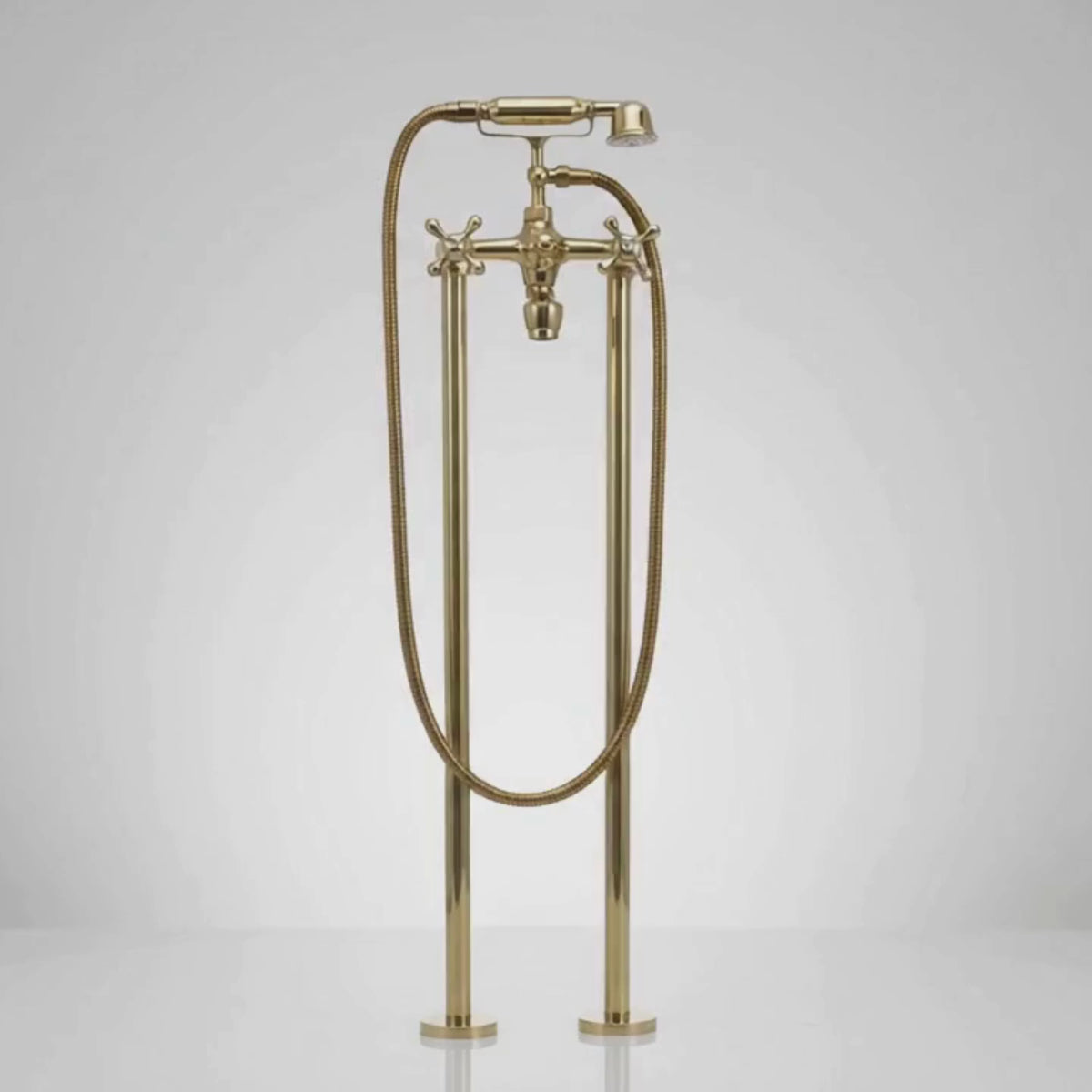 Unlacquered Brass Freestanding Tub Faucet with Handheld Shower and Cross Handles, 38-Inch Height