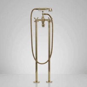 Unlacquered Brass Freestanding Tub Faucet with Handheld Shower and Cross Handles, 38-Inch Height