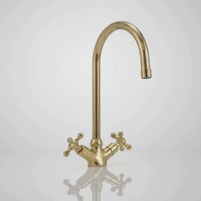 Unlacquered Brass Gooseneck Single Hole Faucet with Cross Handles