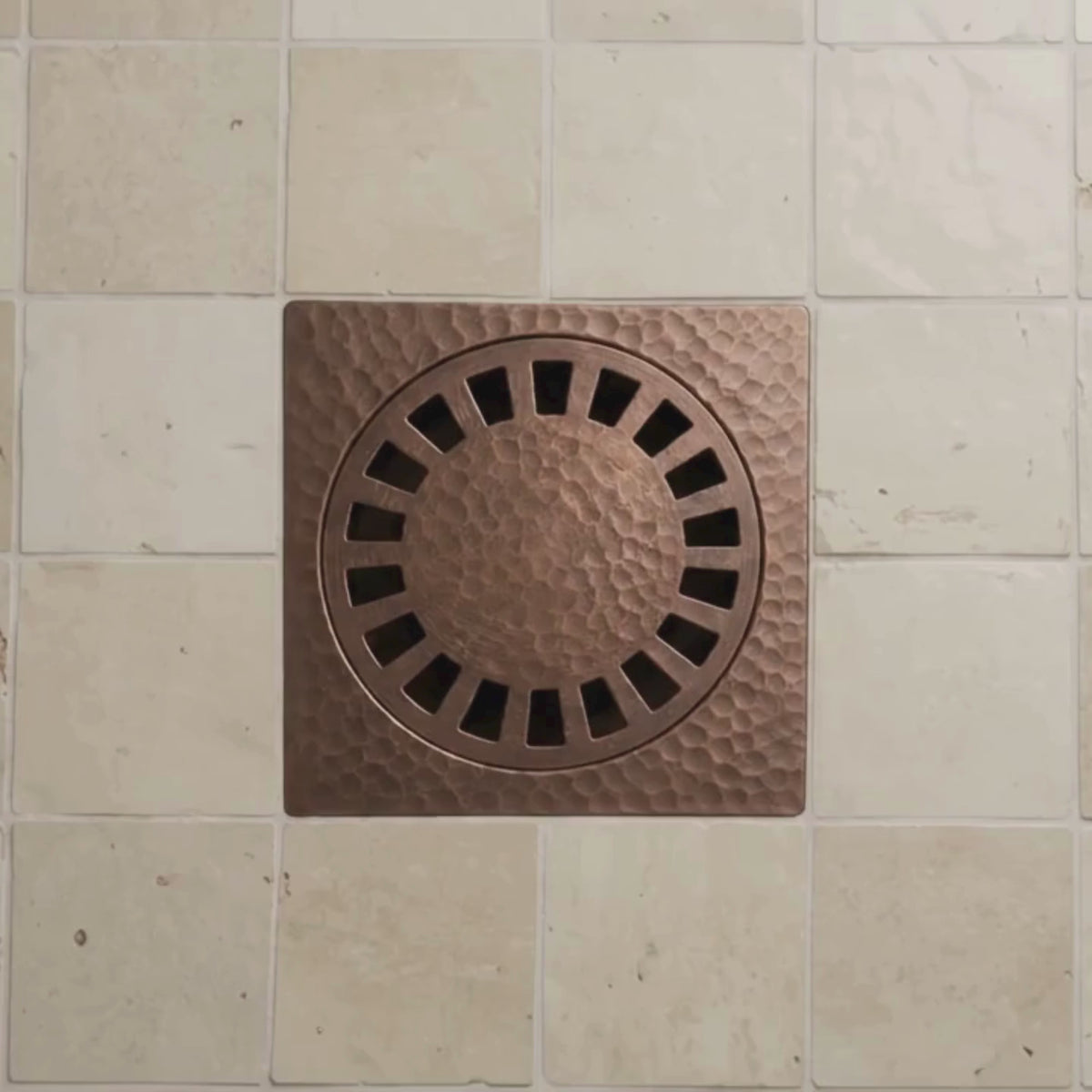 Solid Brass Hammered Square Shower Drain, Antique Copper Finish Bathroom Drain with Removable Cover