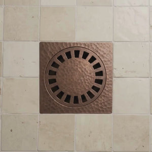 Solid Brass Hammered Square Shower Drain, Antique Copper Finish Bathroom Drain with Removable Cover