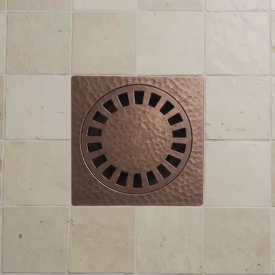 Solid Brass Hammered Square Shower Drain, Antique Copper Finish Bathroom Drain with Removable Cover