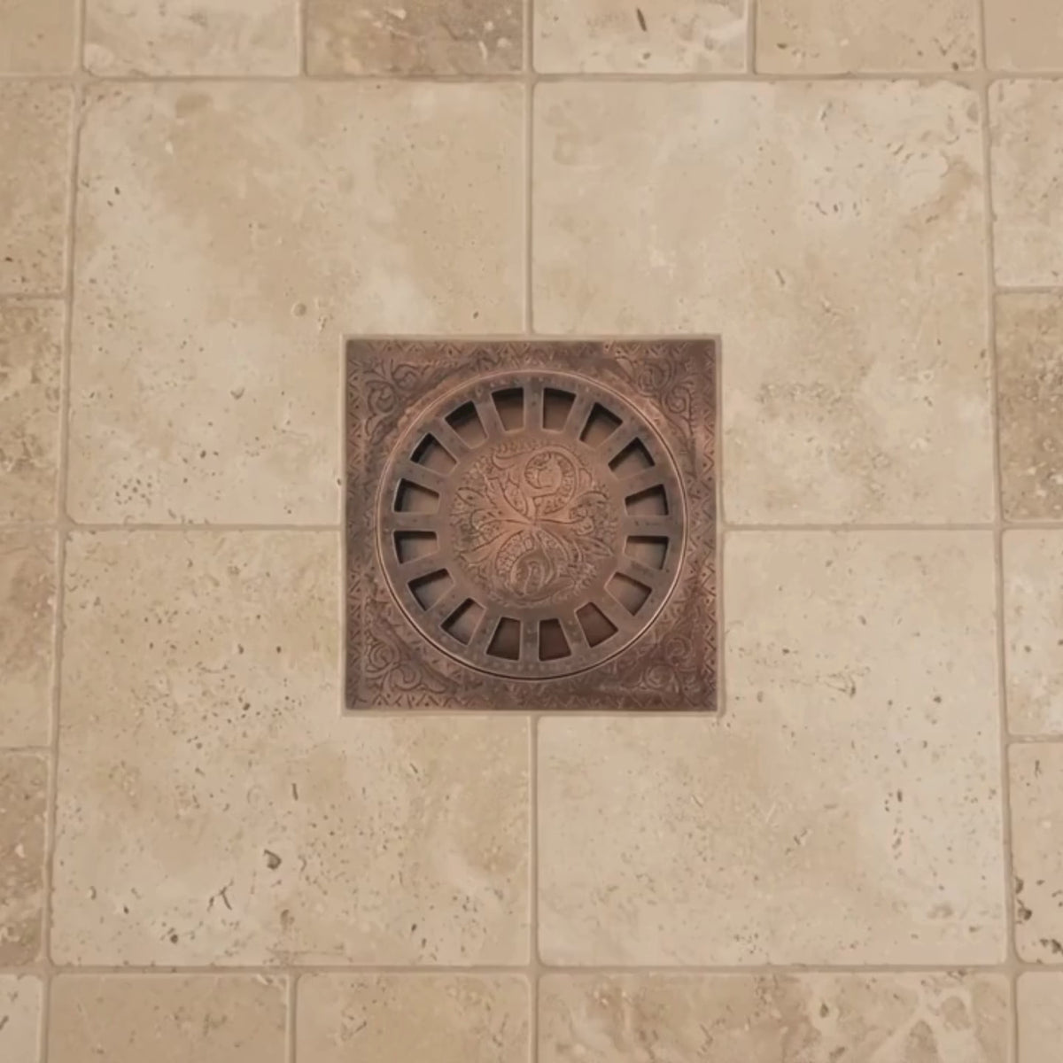 Antique Copper Engraved Shower Drain with Removable Cover, Solid Copper Square Shower Drain