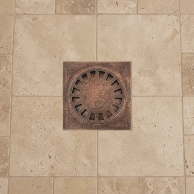 Antique Copper Engraved Shower Drain with Removable Cover, Solid Copper Square Shower Drain