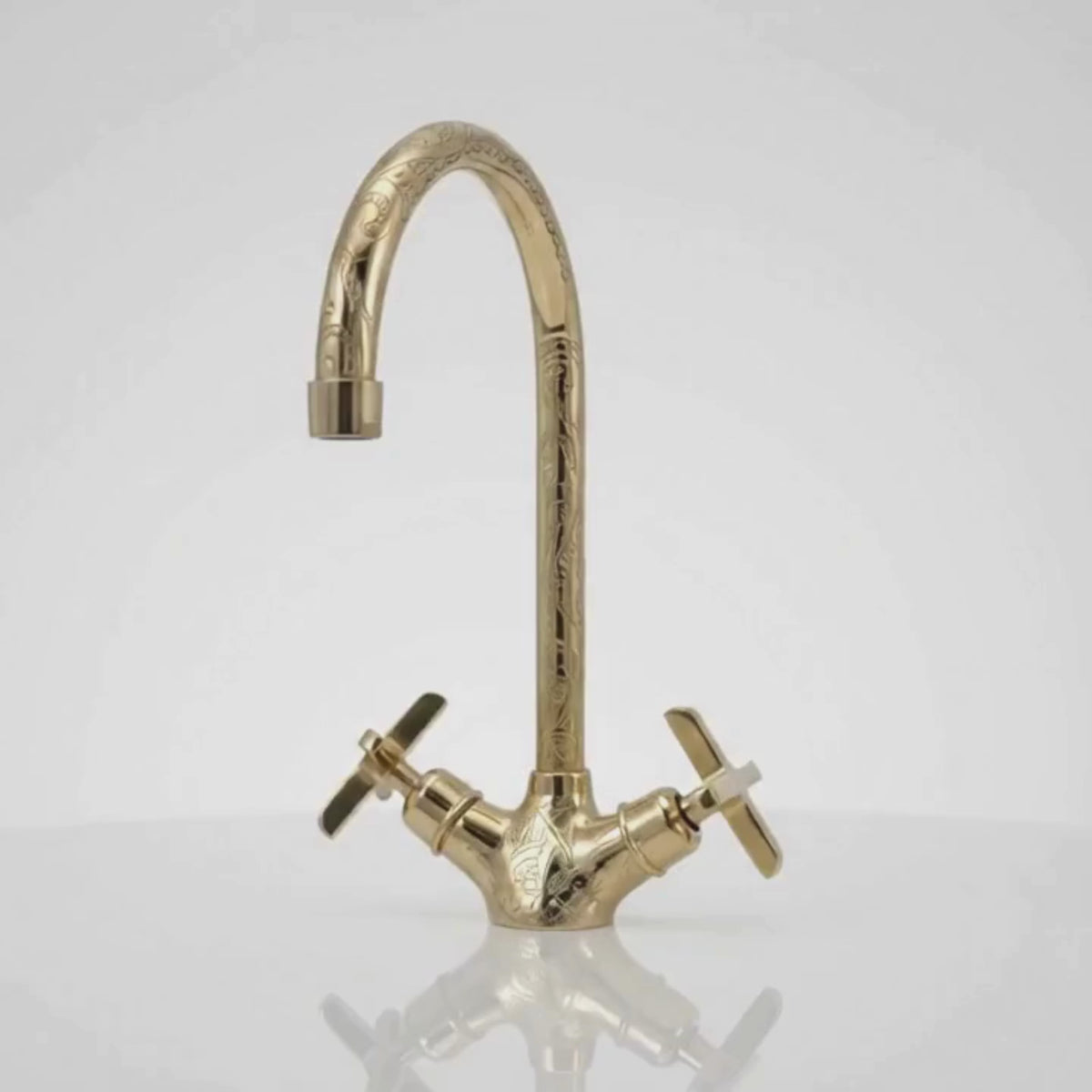 Unlacquered Brass Engraved Gooseneck Single Hole Faucet with Cross Handles