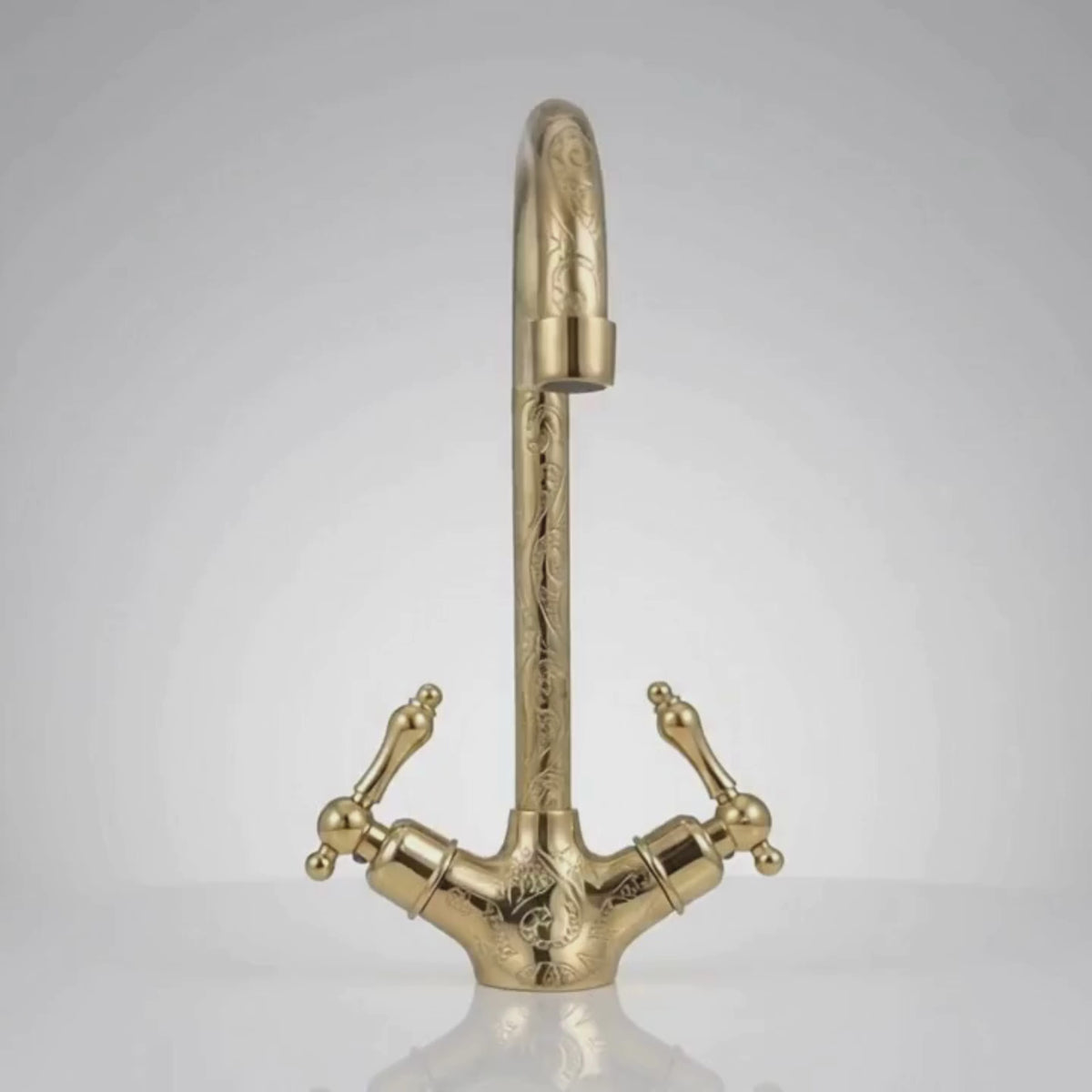 Unlacquered Brass Engraved Gooseneck Single Hole Faucet with Lever Handles