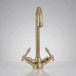 Unlacquered Brass Engraved Gooseneck Single Hole Faucet with Lever Handles